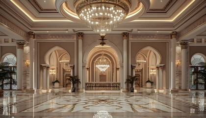 Fototapeta premium Grand Entrance Hall with Marble Flooring and Chandelier