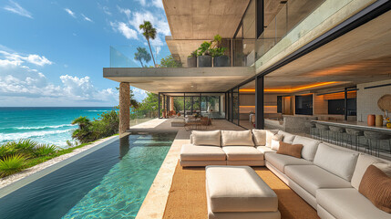 interior photography, concrete luxury beach villa, livingroom shot, Tulum beach environment , Casa Cook interior, brutalistic, hyper realistic, realistic lighting, soft color palette,