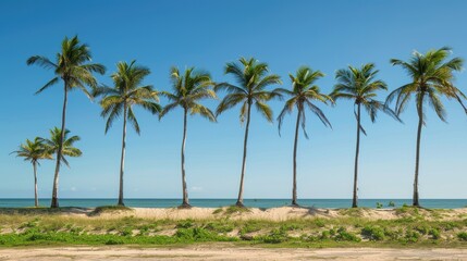 Serene Tropical Paradise with Palm Trees on a Beach Beneath a Blue Sky