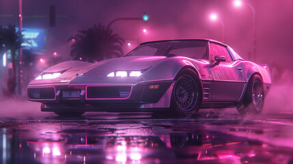 Fototapeta premium Cyberpunk Retro-Futuristic Sports Car in Vivid Sunset