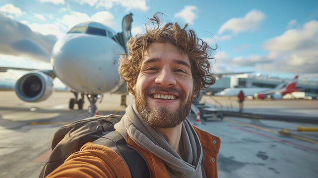 Selfie of happy man with plane in the background