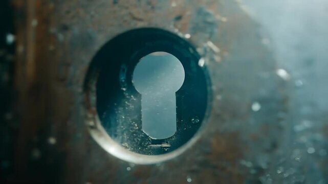 Mysterious old keyhole with droplets on metal surface