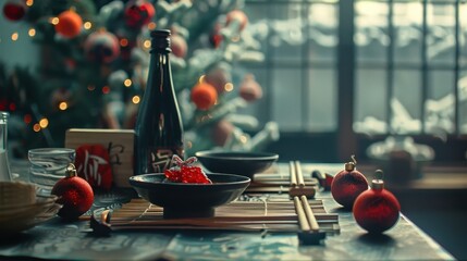 Cozy Christmas dining setup with traditional Asian dinnerware, festive decorations, and a Christmas tree in the background.