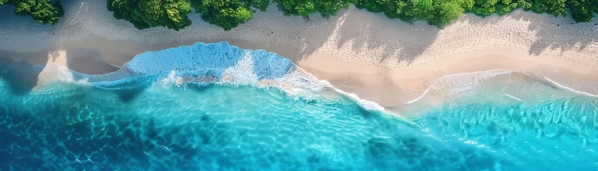 Fototapete Birdseye view of a serene beach with turquoise waters and white sands, Minimalist, Monochrome, Photography, calm and peaceful vacation paradise © KC.