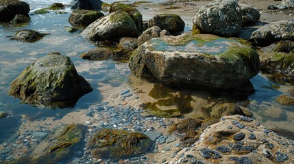 Fototapeta premium Serene Tide Pools: Rocks and Boulders Forming Natural Marine Habitats on a Beach Shoreline