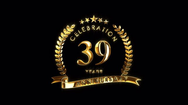 Luxurious 39th Anniversary Celebration. Golden 39 Years Anniversary Animation in Gold Color on the Transparent Background, Alpha Channel. Great for greetings, celebrations, events, and gifts.