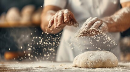 Obraz premium Baker dusts flour onto dough, preparing for baking in a rustic kitchen. Artisan bread making process captured in detail.