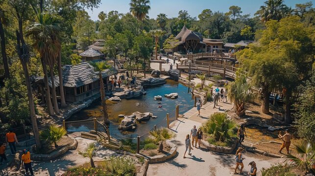 Drone shot of a lively zoo with diverse animal habitats and excited visitors, Realism, HighResolution, rich details and vibrant colors showcasing wildlife