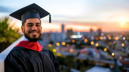 A proud graduate in cap and gown smiles at the camera with a city skyline in the background.
