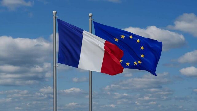 European Union and France flags flying together, video concept of the relationship