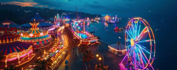 Drone shot of a vibrant carnival at night with neon lights and thrilling rides, Psychedelic, Neon, 3D render, exciting and dynamic nightlife scene