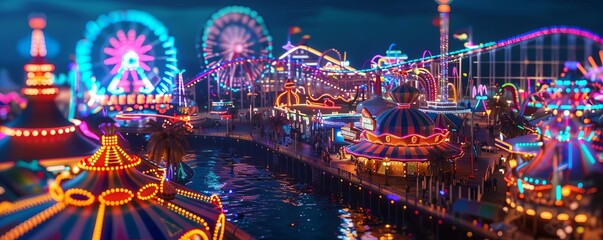 Drone shot of a vibrant carnival at night with neon lights and thrilling rides, Psychedelic, Neon, 3D render, exciting and dynamic nightlife scene