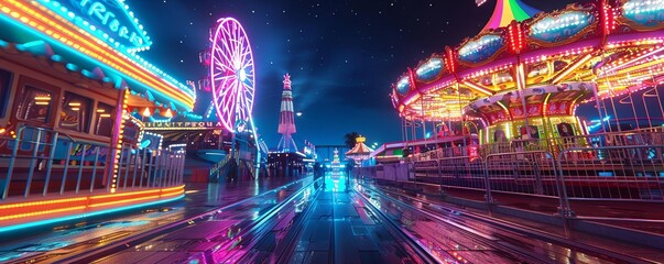 Drone shot of a vibrant carnival at night with neon lights and thrilling rides, Psychedelic, Neon, 3D render, exciting and dynamic nightlife scene