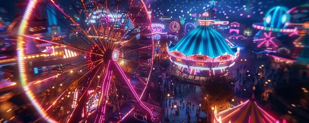 Drone shot of a vibrant carnival at night with neon lights and thrilling rides, Psychedelic, Neon, 3D render, exciting and dynamic nightlife scene