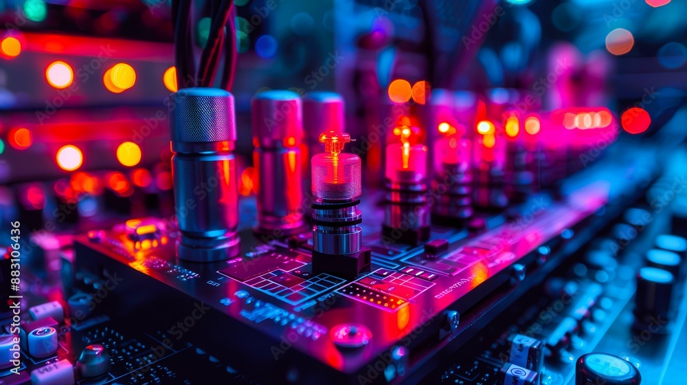 Poster close-up of a circuit board with glowing red and blue lights. the image is perfect for tech, electro