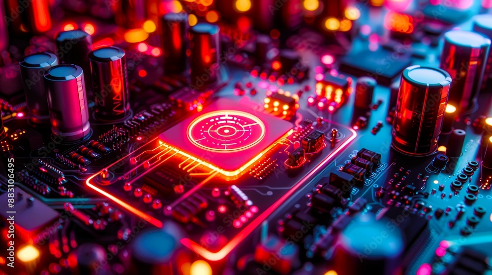 Poster close-up of a glowing red circuit board with a central chip, showcasing the intricacies of technolog
