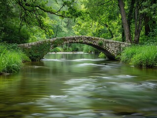 Fototapeta premium Tranquil river with a stone bridge, lush greenery, and clear water flowing gently