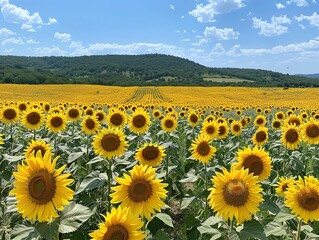 Vibrant sunflower field in full bloom, stretching to the horizon under a bright blue sky