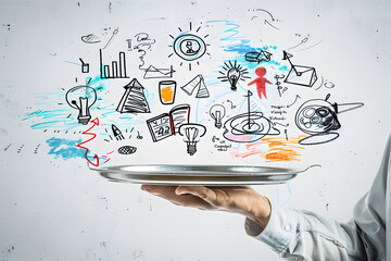 A waiter's hand holding a silver tray with various hand-drawn business and creative concept doodles on a white background