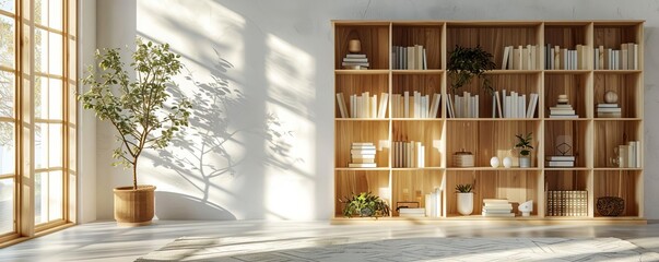 Clear view of a modern IKEA bookshelf with geometric shapes and a natural wood frame, white backdrop, Vector art