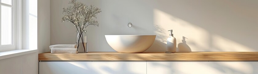 Obraz premium Clear view of a modern IKEA bathroom cabinet with a natural wood frame and streamlined design, white background, Realistic, Sharp focus