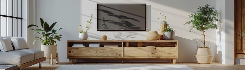 Clear view of a modern IKEA storage cabinet with natural wood accents, isolated white backdrop, Illustration, Vibrant colors