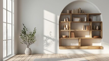 Clear view of a modern IKEA bookcase with geometric shapes and a natural wood frame, white backdrop, Vector art