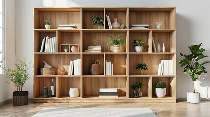 Clear view of a modern IKEA bookcase with geometric shapes and a natural wood frame, white backdrop, Vector art