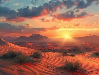 Naklejka premium Serene desert landscape, towering sand dunes, sparse vegetation, and a dramatic sunset