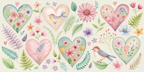 Art pastel drawings of hearts, flowers, birds, and ferns , pastel, drawings, art, hearts, flowers, birds, ferns