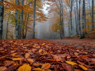 Serene woodland with autumn colors, fallen leaves covering the ground, and a misty morning atmosphere