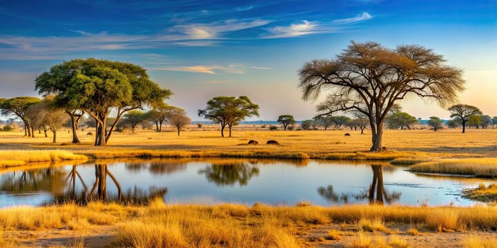 African landscape in the Hwange National Park, Zimbabwe, Savannah, Sunset, Elephants, Wildlife, Acacia Trees, Safari