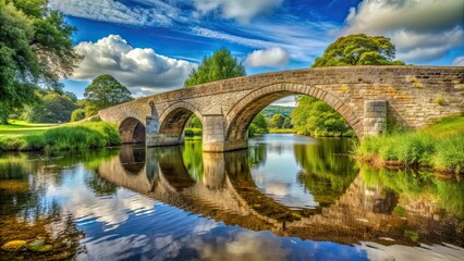 Fototapeta premium Ancient stone bridge over a tranquil river, ancient, bridge, stone, historical, architecture, render, crossing