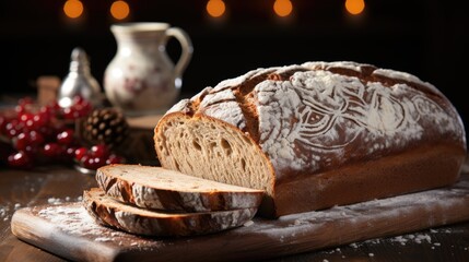 Fototapeta premium A rustic bread loaf with a dusting of flour on a wooden background with a vintage lace overlay 