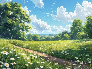 Obraz premium Tranquil countryside in summer, lush green fields, wildflowers, and a clear blue sky