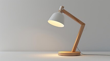 Clear view of a modern IKEA desk lamp with a natural wood base, sleek design, white backdrop, 3D rendering