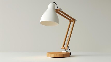 Clear view of a modern IKEA desk lamp with a natural wood base, sleek design, white backdrop, 3D rendering