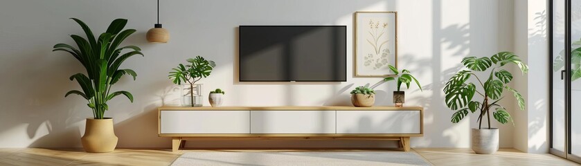 Clear view of a modern IKEA TV stand with geometric shapes and a natural wood frame, white backdrop, Vector art