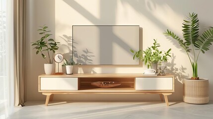 Clear view of a modern IKEA TV stand with geometric shapes and a natural wood frame, white backdrop, Vector art
