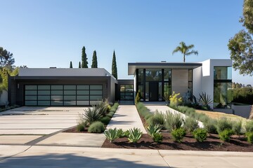 Fototapeta premium Modern Home with a Concrete Driveway and Lush Landscaping