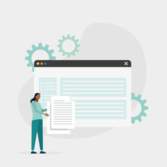 Cyberspace management concept. A person interacts with a storage system and manages digital files, documents and data. Vector illustration.	