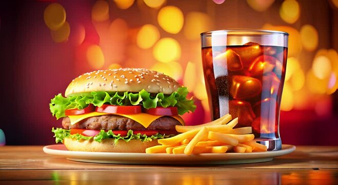 Juicy cheese burger with lettuce, tomato, and fries served with refreshing soda. Gourmet fast food for restaurant menus, food ads, culinary blogs, food marketing, dining menus, online food channels