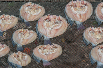 Drying fish in the sun outdoors on a net