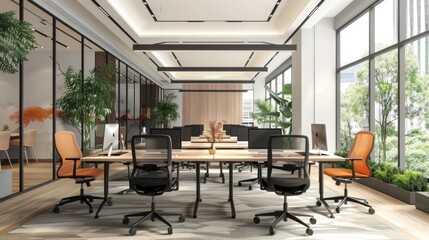 Fototapeta premium Modern office interior design with large windows, wooden floor and plants.