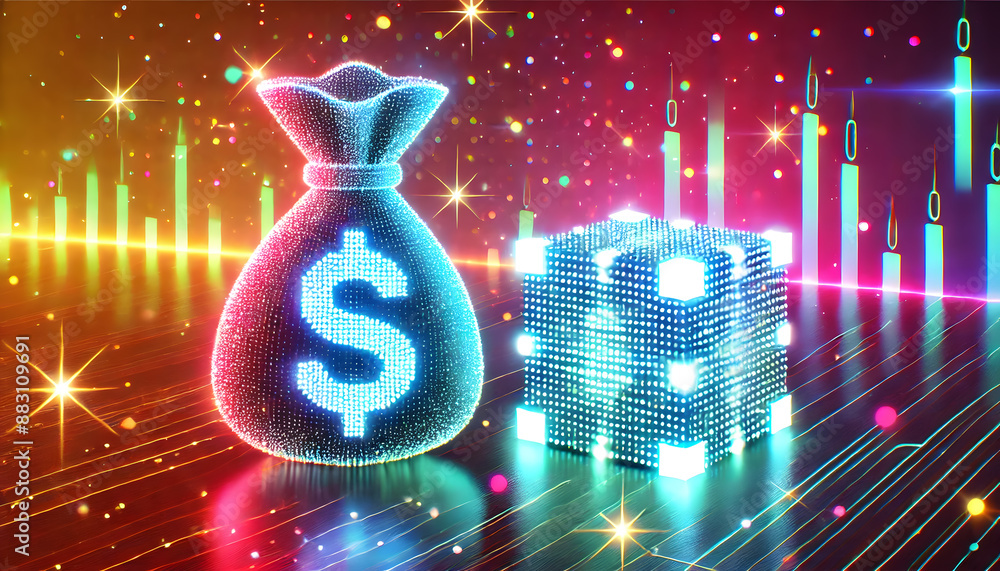 Poster glowing dollar symbol and financial data charts with sparkling lights on abstract background