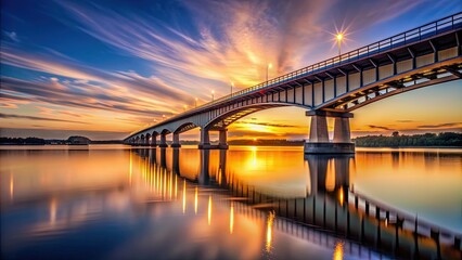 Beautiful bridge illuminated by the setting sun , sunset, bridge, water, reflection, orange sky, dusk, scenic
