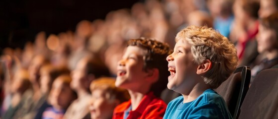 Fototapeta premium Children laughing and enjoying a live performance in a packed theater, capturing the joy and excitement of a funfilled event.
