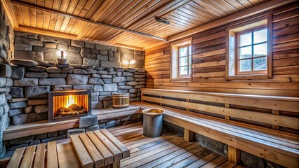 An old, rustic sauna room with wooden benches and a stone heater , vintage, traditional, relaxation, sauna, steam, hot, wooden