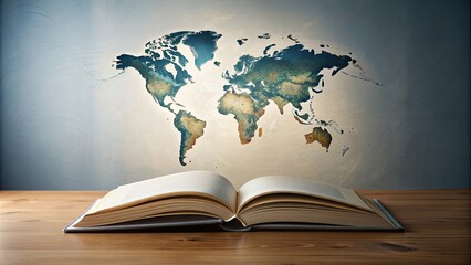 An open book with a world map emerging , education, travel, global, knowledge, geography, learning, exploration, discovery