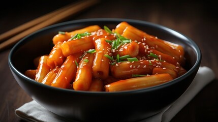 Bowl of Korean rice cakes in spicy sauce tteokbokki